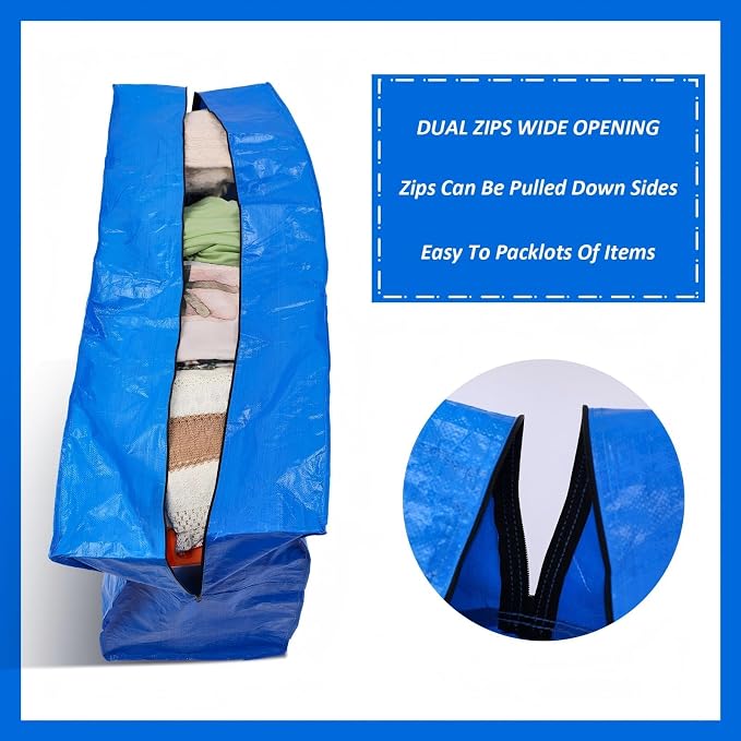 Windyun 4 Pack 121 Gallon Extra Large Moving Bags XXL Heavy Duty Storage Bag with Strong Zipper Handle Jumbo Big Tote Box Foldable for College Dorm Travel Clothes Duffle Blanket Pillow(Blue) - Image 3