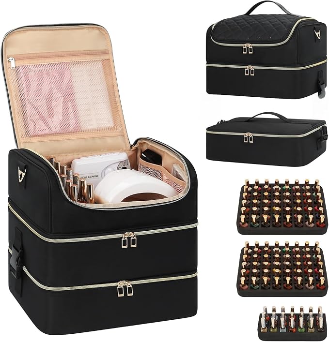 Extra Large Nail Polish Organizer Holds 117 Bottles - Three Layer Nail Organizers And Storage Bag, Portable Nail Supplies Organizer Case, Nail Tech Kit Travel Carrying Box with Shoulder Strap by CUBETASTIC