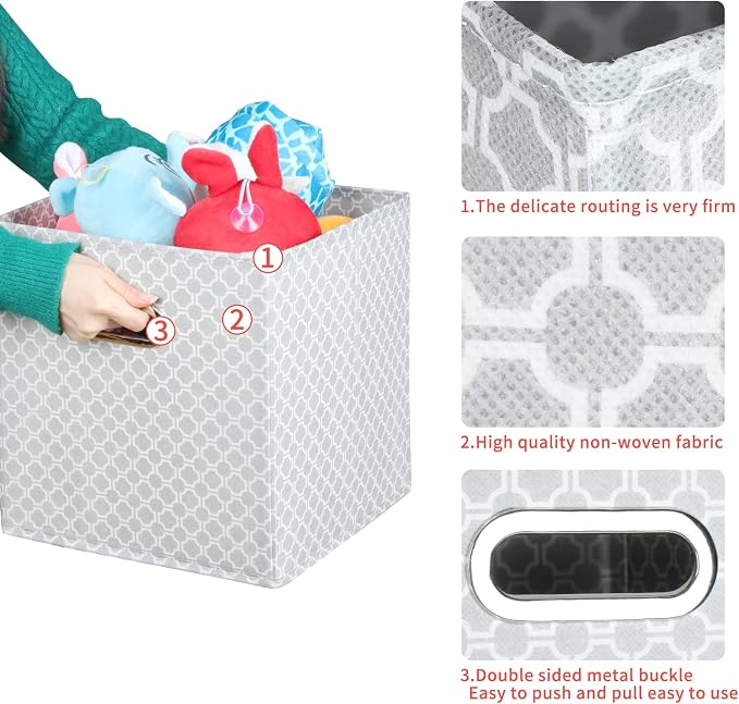 Fabric Cloth Storage Bins,Fabric Cube Organizer with Dual Handles Foldable Cube Storage Baskets for Home Bedroom Storage,Set of 6,（Light Grey） - Image 7