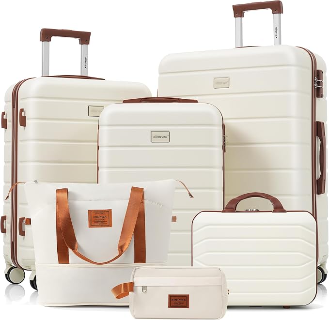Hardside Luggage Sets, Lightweight Stripes Suitcase with Spinner Wheels, Ivory 6pcs by Merax