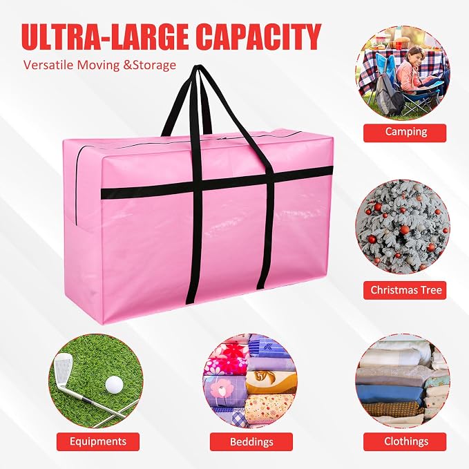 Windyun 4 Pack 57 Gallon Extra Large Moving Bags XXL Heavy Duty Storage Bag with Strong Zipper Handle Jumbo Big Tote Box Foldable for College Dorm Travel Clothes Duffle Blanket Pillow(Pink) - Image 5