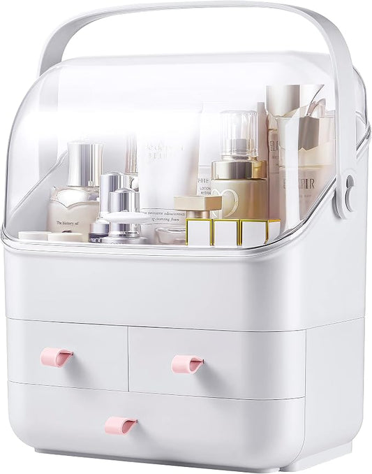 SUNFICON Makeup Organizer Cosmetic Organizer Makeup Storage Holder Box Crystal Clear Lid w Handheld 3 Drawers Dustproof Waterproof for Vanity Bathroom Countertop Birthday by SUNFICON