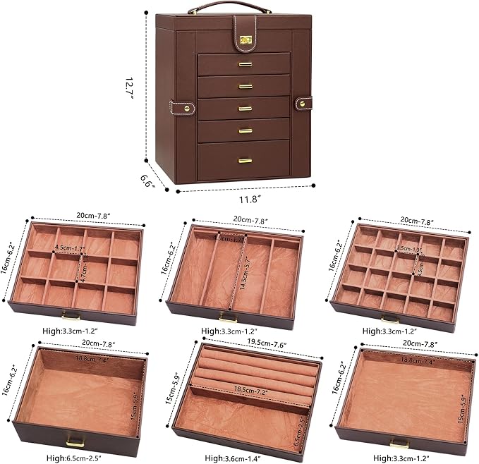 AKOZLIN 6-Tier Jewelry Box Organizer Functional 5 Drawers Leather Jewelry Storage Case for Women Girls Ring Necklace Earring Bracelet Holder Organizer with Mirror Extra Large Brown - Image 3