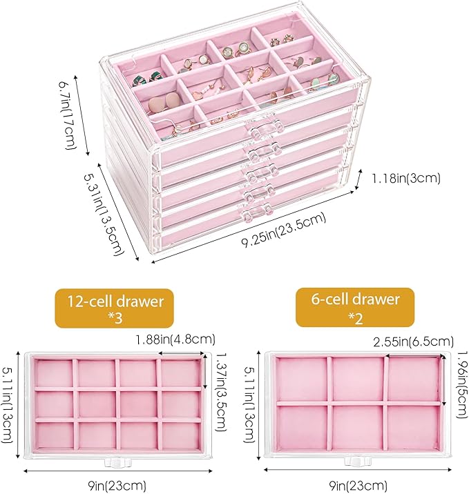 ProCase Earring Holder Organizer Jewelry Box with 5 Drawers, Acrylic Clear Earring Case with Adjustable Velvet Trays for Women - Pink, 5 Layers - Image 4