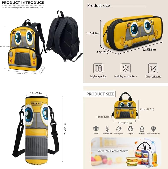 POLERO Cartoon School Bus Backpack for Elementary Preschool Kindergarten Boys Girls Bookbag with Lunch Box Pencil Case Water Bottle Holder - Image 4