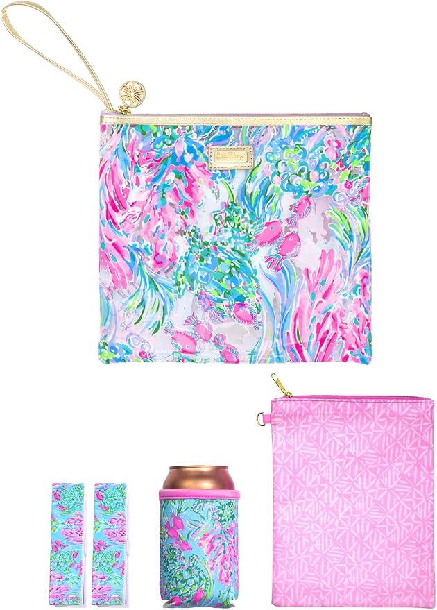 Lilly Pulitzer Water Resistant Vinyl Beach Day Pouch, Zipper Bag Includes Drink Hugger, Small Pouch, and Towel Clips by Unknown