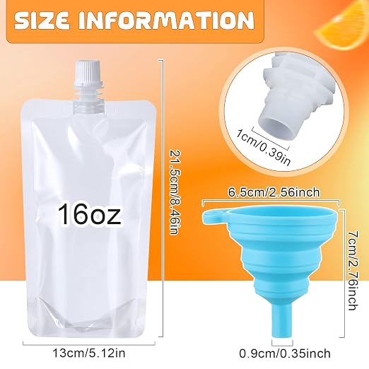 Patelai 150 Pieces Plastic Liquid Pouch Reusable Juice Pouches Travel Water Leak Proof Bags Bulk with Collapsible Silicone Funnel for Travel Outdoor (16 oz) - Image 4