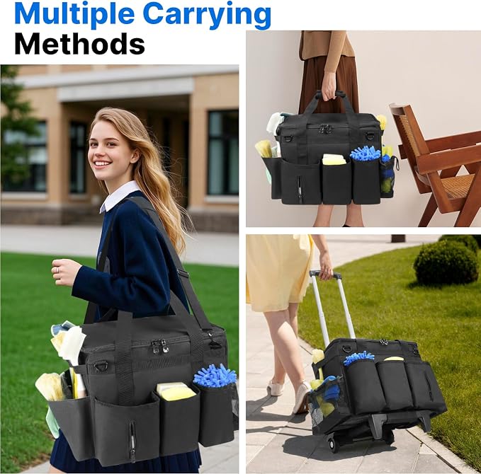 LIWSHWZ Large Rolling Cleaning Caddy Bag with Detachable Trolley & Lid,Cleaning Supplies Organizer on Wheels with Multi Pockets for Cleaning Tools Storage,Housekeepers, Black - Image 6