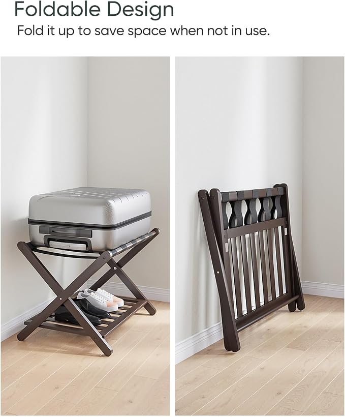 Smart FENDEE Fully Assembled Bamboo Luggage Rack, Folding Suitcase Stand with 5 Nylon Straps, Luggage Holders with Shelf, Ideal for Guest Room, Bedroom, Hotel, Espresso - Image 4
