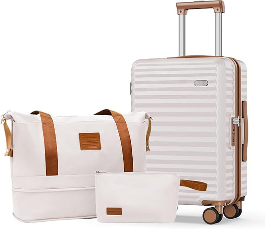 SHOWKOO Carry On Luggage Hardshell Lightweight Luggage Set, Suitcase with Double Spinner Wheels Tsa Lock White 3 piece set Beige White (DB/TB/20in) by SHOWKOO
