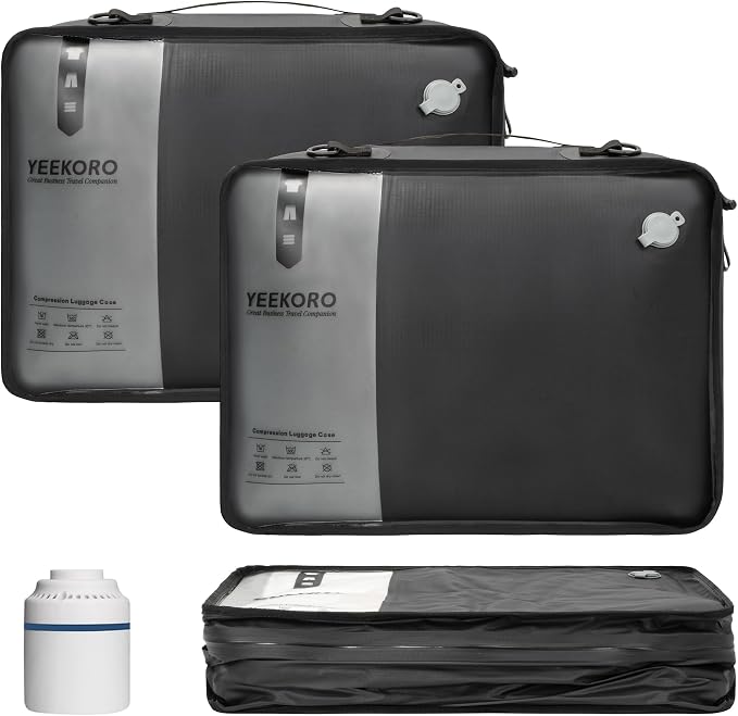 Compression Packing Cubes, Vacuum Bags for Business Trip, Professional IPX8 Reusable Travel Packing Cubes for 20 inch Suitcases, Organizer Bags for Luggage for Women & Men(2 pack, with Pump) by YEEKORO