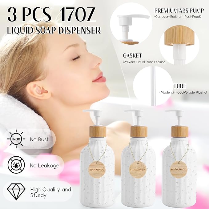 Bathroom Accessories Set White Bathroom Set with Trash Can,3PCS Lotion Soap Dispenser, Toothbrush Holder, Soap Dish,Tumbler Cup,6pcs Wood Tags White Bath Accessories with Tray for Bathroom Decor - Image 3