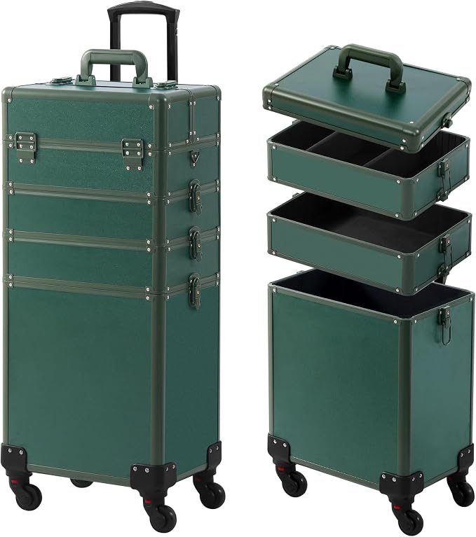 Somduy Makeup Train Case, Rolling Makeup Case with Lid, 5 in 1 Cosmetology Case on Wheels, Christmas Gift, Large Makeup Case Organizers, Profesional Cosmetic Case for Salon Barber, Green - Image 9