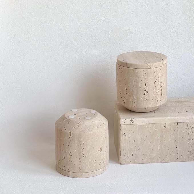 Natural Marble Hole Stone Cosmetic Cotton Swab Sundry Small Tank Storage Box Jar with Lid (Yellow Travertine) - Image 2