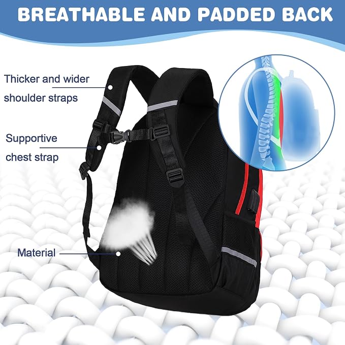 Bevalsa Backpack for Boys, School Bags for Kids, Bookbag for Boys Children Teens Backpacks for Elementary Middle High School Student, Bookbag and Lunch Bag Set with USB Charging Port (Red Blue) - Image 6