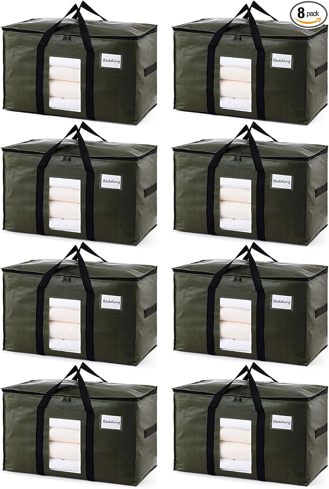 TAILI 8 Pack Green Extra Large Storage Bags, Heavy Duty Totes with Visible Window, Wrap Around Handles, Perfect for Moving by TAILI