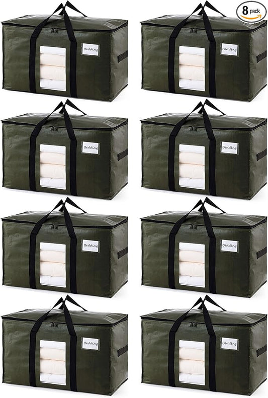 TAILI 8 Pack Green Extra Large Storage Bags, Heavy Duty Totes with Visible Window, Wrap Around Handles, Perfect for Moving by TAILI