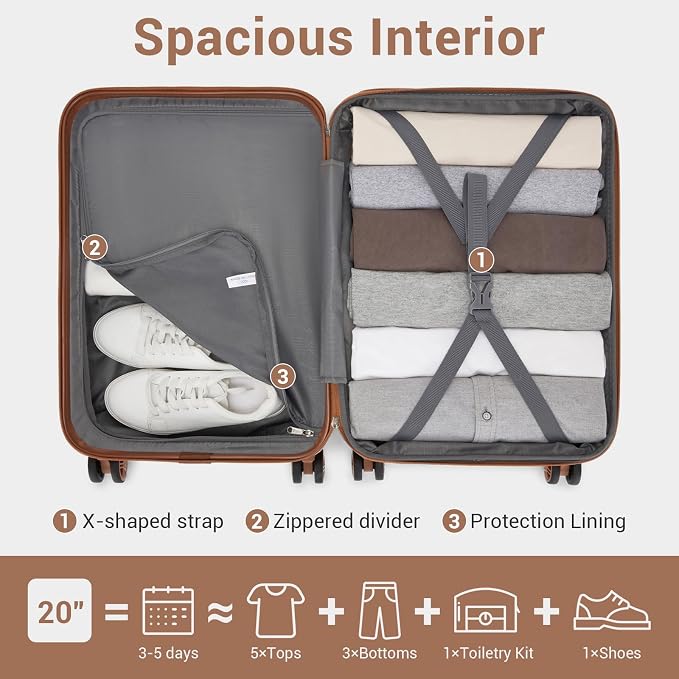 Kono Carry On Luggage 22x14x9 Airline Approved with Spinner Wheels | Lightweight PC+ABS 20 Inch Luggage with TSA Lock,Expandable Hard Shell Carry On Suitcases for Men Women,Black/Brown - Image 8