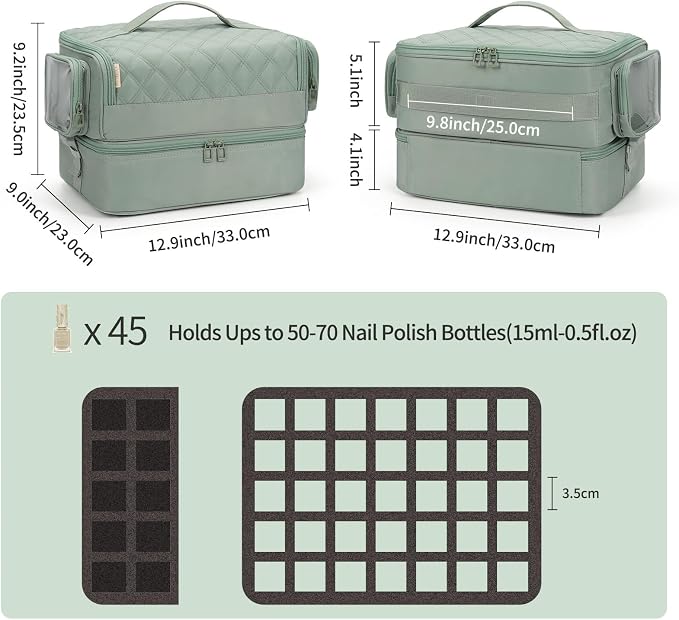OCHEAL Nail Polish Organizer, Holds Nail Lamp and 45+ Bottles 2-in-1 Nail Polish Storage Case,Detachable Nail Techs Gel Kit Supplies Carring Bag for Manicurist Tools 45-Slot Nail Holder-Green - Image 5