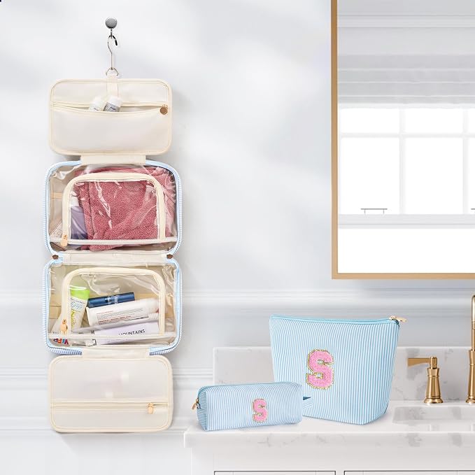 Gifts for Teen Girls Women - Travel Hanging Toiletry Bag & Makeup Bag - Personalized Initial Cosmetic Bag | Birthday Gift for Girl Trendy Stuff - Blue S - Image 5