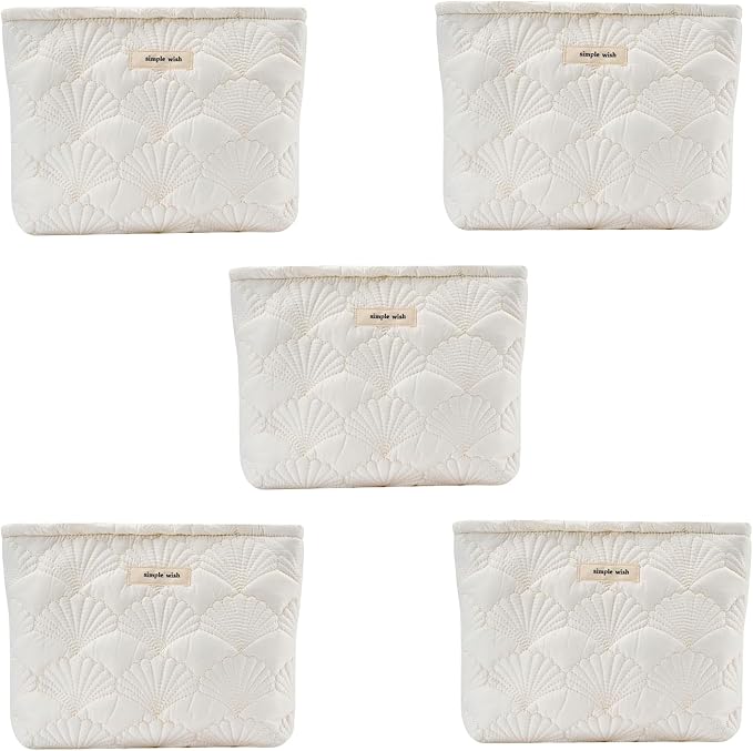 RSRSLEII 5Pcs Quilted Cotton Coquette Makeup bag, Coastal Granddaughter Aesthetic Cosmetic Bag, Cute Seashell Portable Travel Toiletry Pouch（5Pcs White） by RSRSLEII