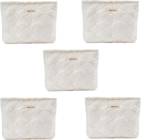 RSRSLEII 5Pcs Quilted Cotton Coquette Makeup bag, Coastal Granddaughter Aesthetic Cosmetic Bag, Cute Seashell Portable Travel Toiletry Pouch（5Pcs White） by RSRSLEII