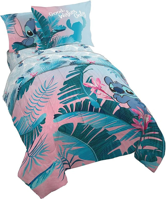 Disney Lilo and Stitch Twin Comforter Set 5 Piece Kids Bedding, Pink | Bed in a Bag, Comforter Sheets Sham Pillowcase, Official Brand, Soft Microfiber, Machine Washable, Easy Care, Girls Gift by JayFranco