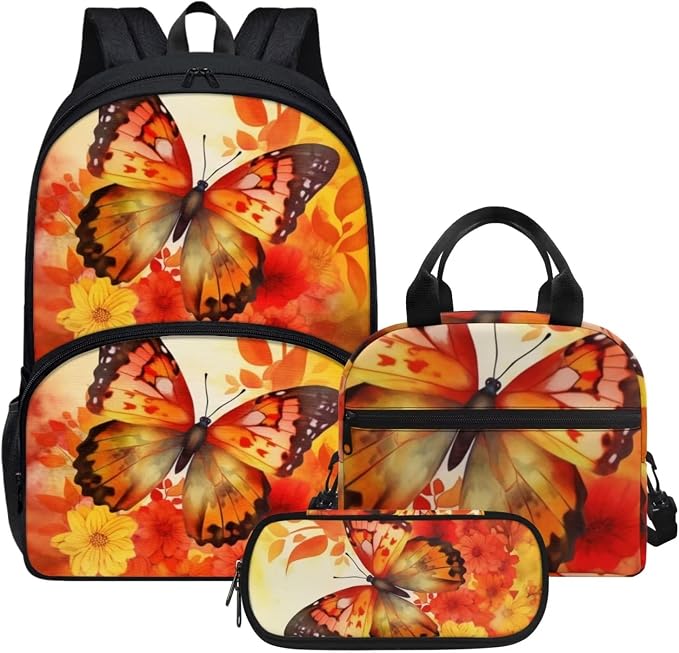 Orange Floral Butterfly Backpack Set for Girls Kids Lightweight Cute School Backpack with Lunch Box Pencil Case Adjustable Strap Padded Book Bag Insulated Lunch Bag by Parprinty