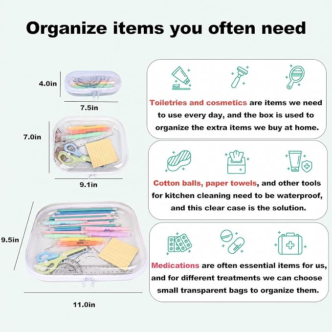 Clear Hard Shell Zipper Case,6PCS Transparent Clear Zipper Pouches,Hard Side Plastic Case Set,Portable Travel Storage Organizer Bins - Image 4
