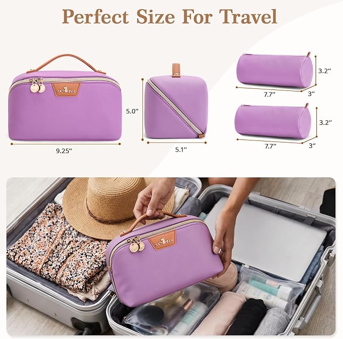 Travel Makeup Bag for Women: 3-in-1 Large Capacity Cosmetics Organizer with 2 Detachable Pouch - Vegan Leather Flat Open Toiletry Bag - Travel Essentials for Full-Sized Bottles(01-Purple) - Image 5