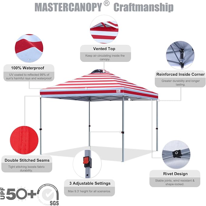 MASTERCANOPY 10x10 Pop Up Canopy Tent, 1 Person Setup Instant Shelter,Outdoor Portable Beach Canopy with Roller Bag, 4 Sandbags, 4 Ropes, 8 Stakes (10x10, Red Stripe) - Image 3