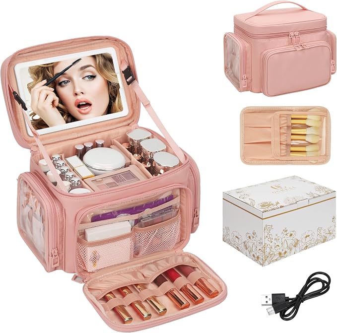 Large Makeup Bag with LED Mirror, Travel Makeup Bag Organizer for Women Girls with Makeup Brush Compartment & Two Side Pockets, 3 Color Lights Cosmetic Toiletry Bag- Leather Pink by OrganizeYourMakeup
