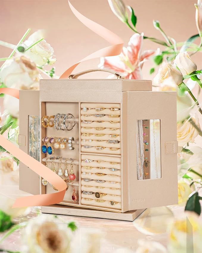 AKOZLIN 6-Tier Jewelry Box Organizer Functional 5 Drawers Leather Jewelry Storage Case for Women Girls Ring Necklace Earring Bracelet Holder Organizer with Mirror Champagne S-Medium - Image 5