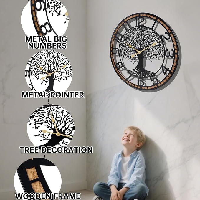 Tree of Life Wall Clock, 24Inch Metal Black Family Tree Oversized Wood Wall Clocks for Living Room Bedroom Home Decor, Modern Silent Mid-Century Battery Operated
