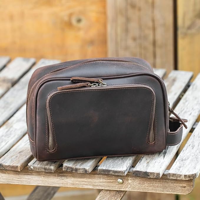 Polare Vintage Full Grain Leather Handmade Travel Toiletry Bag for Men - Dopp Kit - Shaving Kit with YKK Metal Zippers A-Dark Brown - Image 2