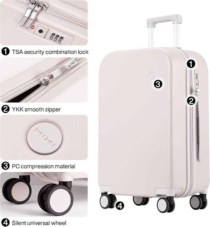 mixi Luggage Suitcase with Spinner Wheels, Hardside Rolling Suitcase PC with Cover & TSA Lock Lightweight Travel Case 26in Checked in, Off White（Slight Pink） - Image 4