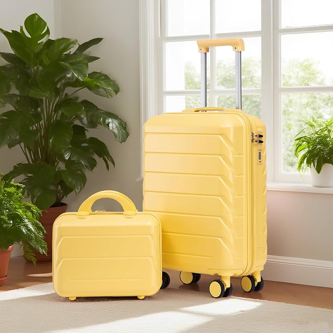 GDFStudio 14/20 Inch 2 Piece Luggage Set with Cosmetic Bag,ABS Hard Shell Spinner Suitcase with Combination Lock,360° Silent Wheels,Retractable Handle, Carry On Travel Luggage with Vanity Case,Yellow - Image 2