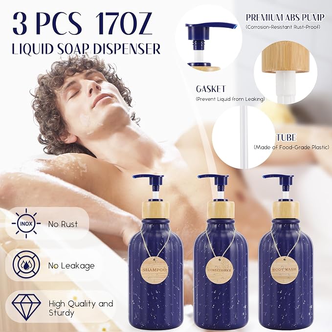 XLHOMO 30PCS Navy Blue Bathroom Accessories Set with Waffle Shower Curtain,Trash Can,3PCS Lotion Soap Dispenser, Toothbrush Holder, Soap Dish,Tumbler Cup,6PCS Wood Tags Bath Accessories with Tray - Image 2