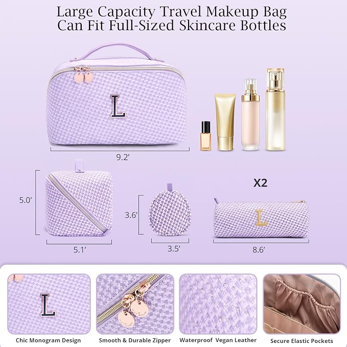 Personalized Gift Travel Makeup Bag: Initial Makeup Organizer Bag for Women | 3-in-1 Custom Make up Bag Set - Vegan Leather Travel Cosmetic Bag - Luxury Gift for Women – Birthday, Anniversary, Graduation - Image 6