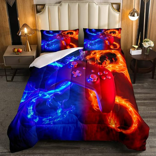 Ice Fire Dragon Comforter Set for Boys Teens Kids Gamer Games Room Decor Bedding Set Blue Red Gaming Gamepad Down Comforter ,Fairy Tale Animals Theme Room Decor 3Pcs Duvet Insert Full Size,Soft by Erosebridal