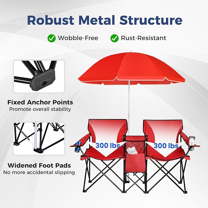 Goplus Double Camping Chair with Umbrella, Folding Loveseat Chairs w/Canopy Shade, Carrying Bag, Table, Cup Holder, Portable Beach Chairs Outdoor Picnic Patio (Red) - Image 8