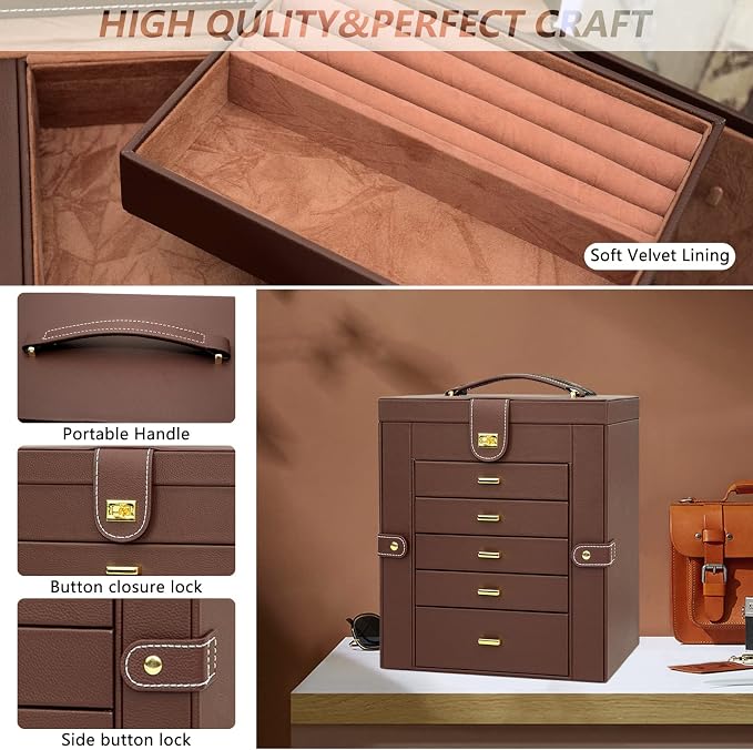 AKOZLIN 6-Tier Jewelry Box Organizer Functional 5 Drawers Leather Jewelry Storage Case for Women Girls Ring Necklace Earring Bracelet Holder Organizer with Mirror Extra Large Brown - Image 6