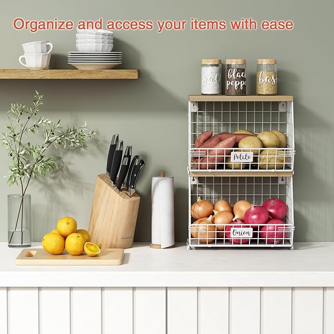 Goozii White Fruit Storage Basket for Kitchen Counter Set of 2, Wall Mount Wire Fruit Basket with Shelf with Banana Hanger, Hanging Countertop Organizer for Bathroom Pantry Cabinet, White + Natural - Image 2