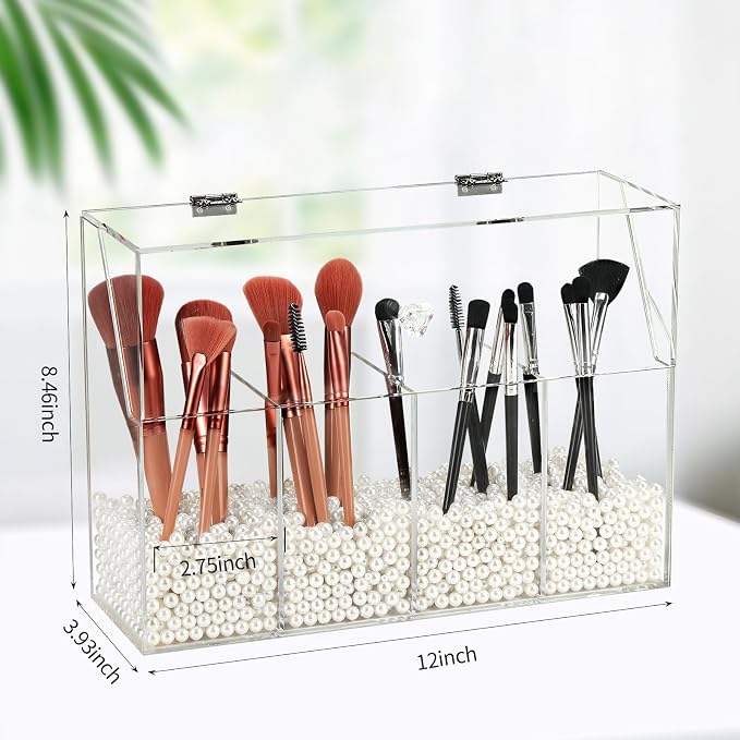 Vevitts Acrylic Makeup Organizer, Clear Cosmetic Brush Storage Box With 4 Brush Holders (Pearl not included),Makeup Brush Holder with Dust Cover, Large-capacity Split Design Organize the Desktop - Image 2
