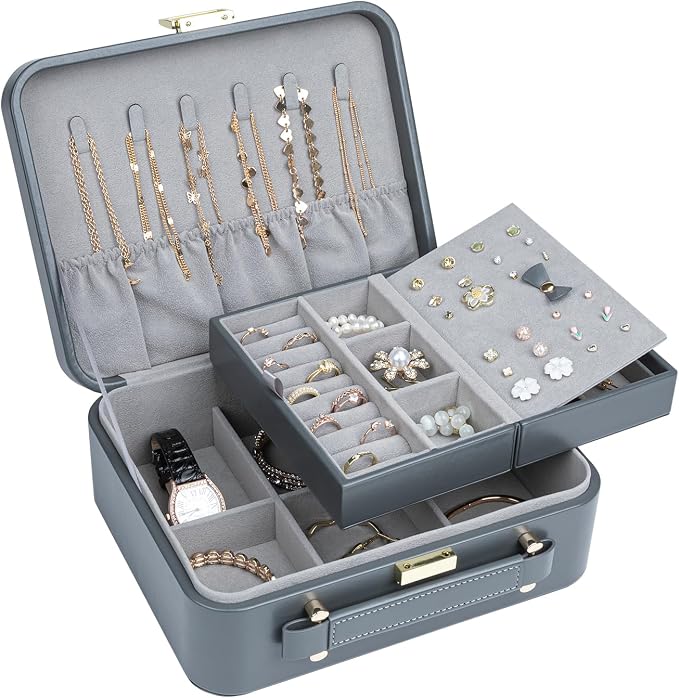 Travel Jewelry Case Large, Jewelry Box Large Jewelry Travel Organizer Jewelry Case with Handle, Best Gift for women Girls, Grey - Image 2