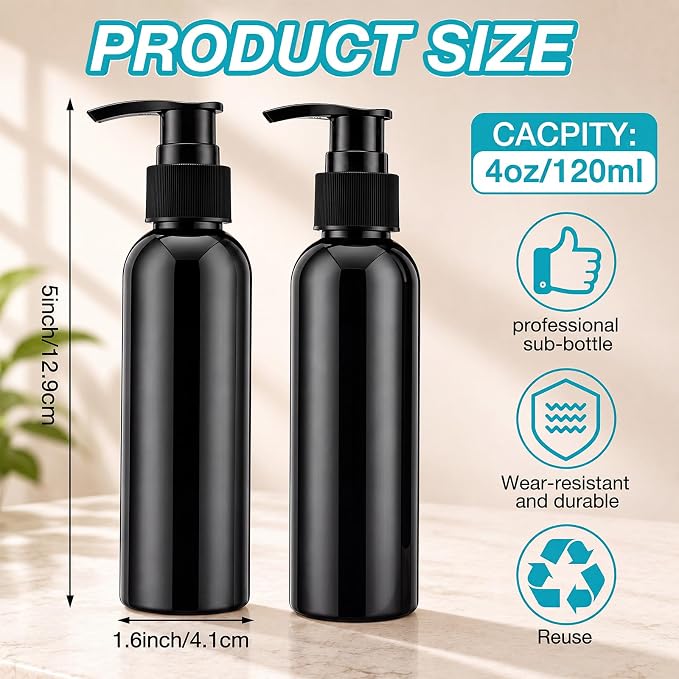 Nuenen 48 Pcs Refillable Empty Lotion Bottles 4oz/120ml Plastic Pump Bottles Conditioner Shampoo Dispenser Leak Proof Pump Container for Body Wash, Creams, Liquid Soap (Black) - Image 2