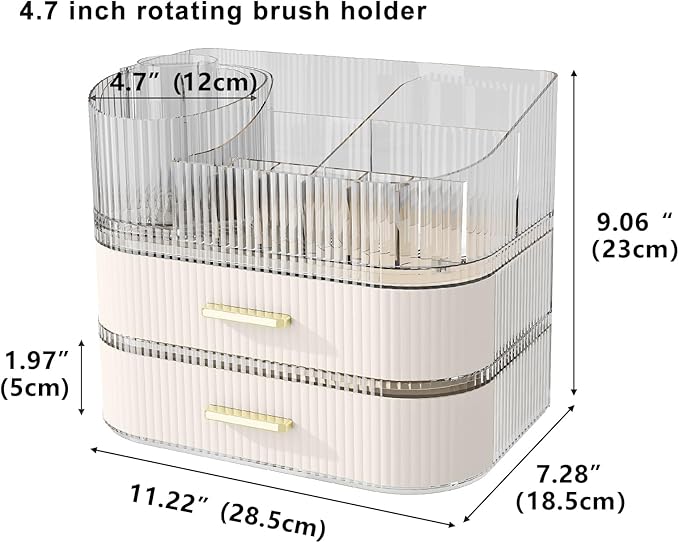 Makeup Organizer with Stackable Drawer, 360 Rotating Makeup Brush Holder, 11-inch Wide Large Cosmetic Display Case, Skincare Organizers and Storage for Vanity, Bathroom Countertop (1 Tray + 2 Drawer) - Image 2