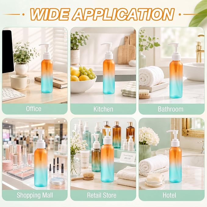Nuenen 48 Pcs Refillable Empty Lotion Bottles 4oz/120ml Plastic Pump Bottles Conditioner Shampoo Dispenser Leak Proof Pump Container for Body Wash, Creams, Liquid Soap(Orange Green Gradient) - Image 6