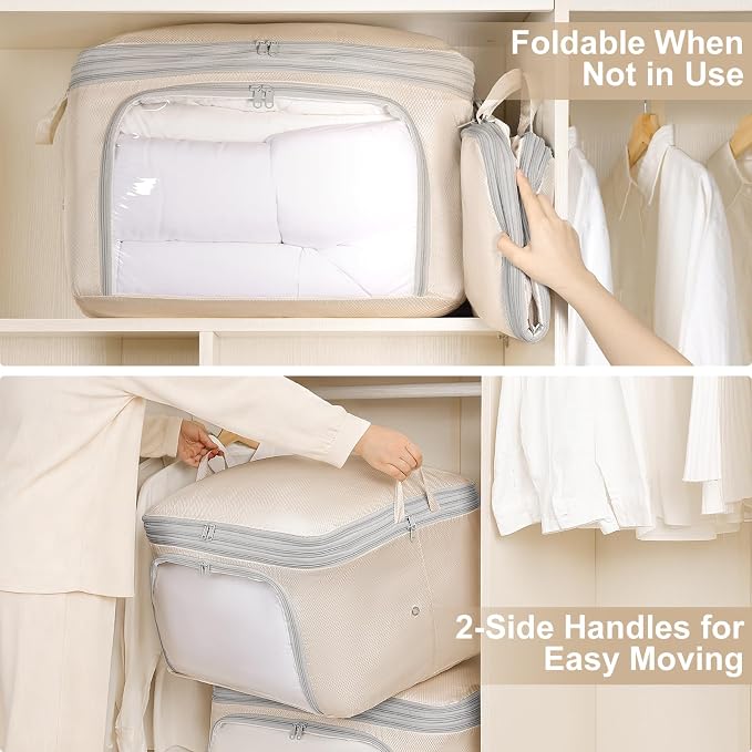 Comforter Storage Bag - 130L Blanket Storage Bags Front-opening Ultra Space Saving Self Compression Organizer, Washable Compression Bags for Storage Comforter Blanket, 2 Pack, Beige - Image 5