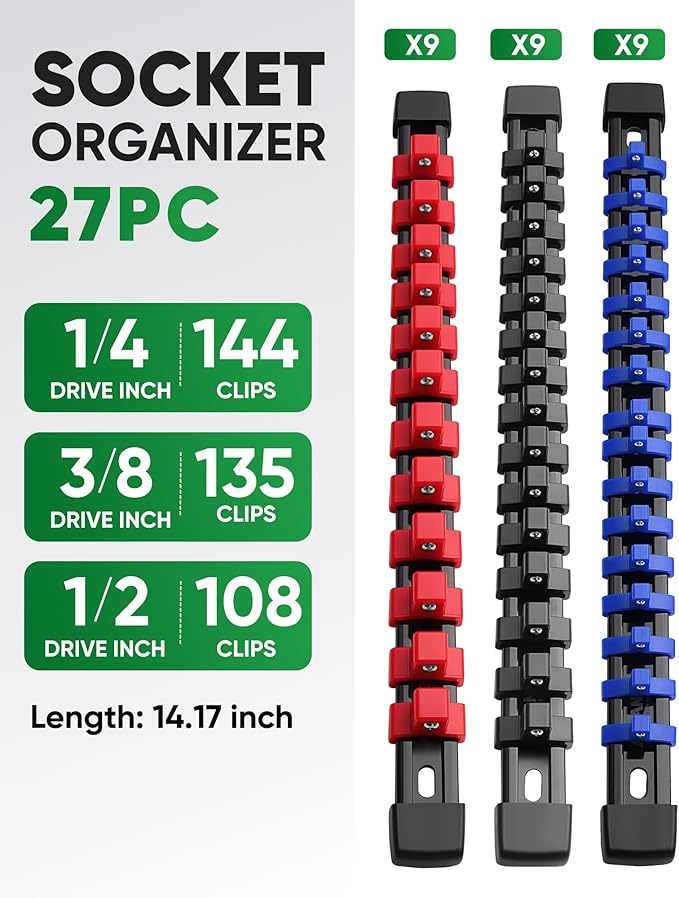 ALOANES 27PC Socket Organizer, Socket Rails Fit 1/2", 1/4" and 3/8" Drive | Heavy Duty ABS Socket Holders Hold up 387 Sockets for Mechanics Toolbox Drawer Bags(3 Color) - Image 2